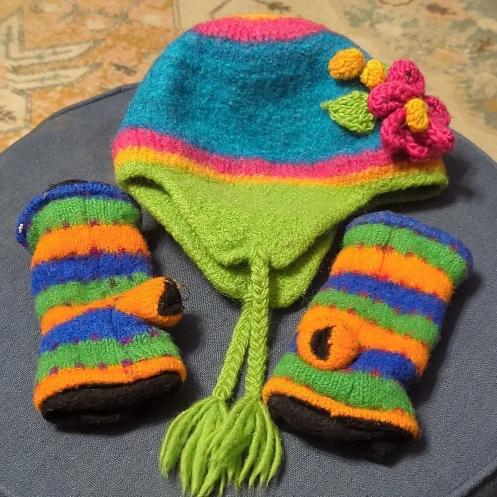 PERUVIAN CHULLO Winter Knit COLORS STRIPED HAT W/EAR FLAPS/hand warmersFOR Child
